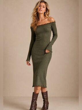 Tictoc Olive Green Ribbed Off Shoulder Distressed Midi Dress Size Large
